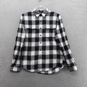Lucky Brand Flannel Shirt Medium Black White Plaid Long Sleeve Mens Classic Fit